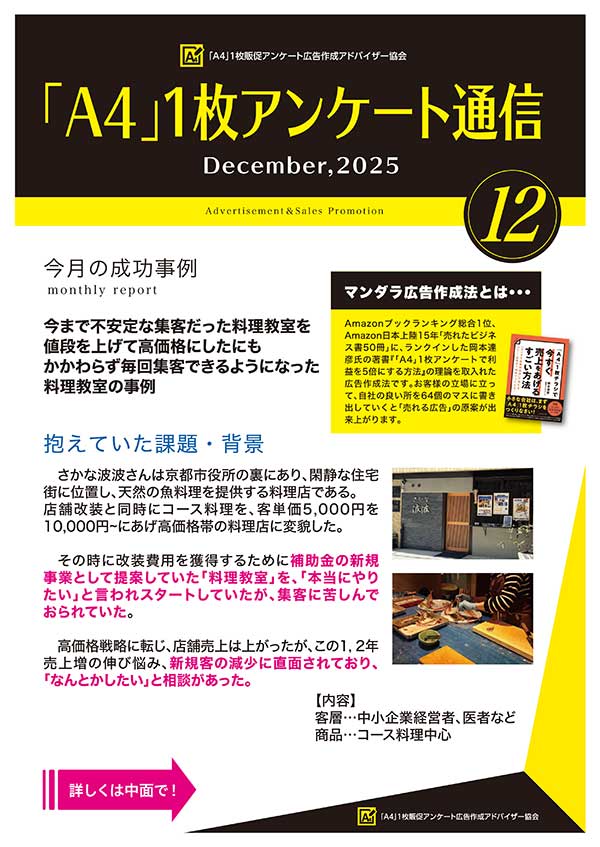 今まで不安定な集客だった料理教室を値段を上げて高価格にしたにもかかわらず毎回集客できるようになった料理教室の事例|住宅・工務店・リフォーム・不動産業界向け「A4」1枚アンケートから集客できる広告作り