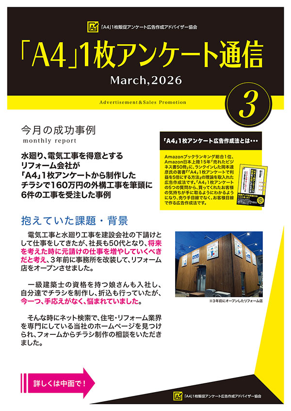 水廻り、電気工事を得意とするリフォーム会社が 「A4」1枚アンケートから制作したチラシで160万円の外構工事を筆頭に6件の工事を受注した事例|住宅・工務店・リフォーム・不動産業界向け「A4」1枚アンケートから集客できる広告作り