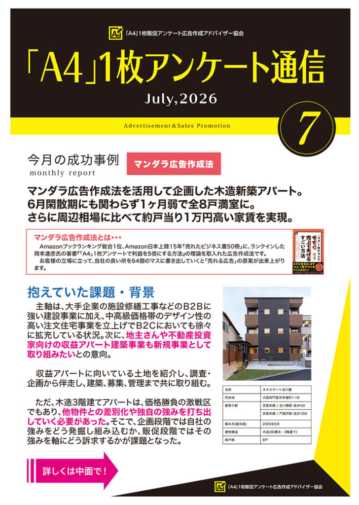 マンダラ広告作成法を活用して企画した木造新築アパート。6月閑散期にも関わらず1ヶ月弱で全8戸満室に。さらに周辺相場に比べて約戸当り1万円高い家賃を実現。|住宅・工務店・リフォーム・不動産業界向け「A4」1枚アンケートから集客できる広告作り