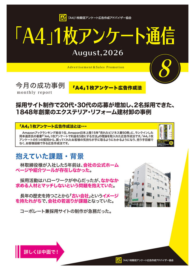 採用サイト制作で20代・30代の応募が増加し、2名採用できた、 1848年創業のエクステリア・リフォーム建材卸の事例|住宅・工務店・リフォーム・不動産業界向け「A4」1枚アンケートから集客できる広告作り